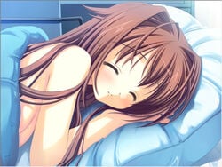 1girls ^_^ antenna_hair bare_shoulders bed bed_sheet blush bra-ban! brown_eyes brown_hair game_cg hair_intakes kobuichi light_smile long_hair looking_at_viewer nakanoshima_tae naked_sheet pillow red_eyes smile solo