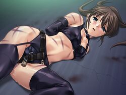 1girls arms_behind blue_eyes bondage brown_hair carmine cg chastity chastity_belt chastity_device collar female female_chastity female_only garter_belt gloves lock long_hair noise_(eroge) thighhighs wet whip_marks