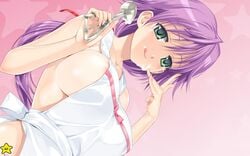 1girls female female_only game_cg green_eyes hadaka_apron happoubi_jin ice_cream ice_cream_scoop kanojo_x_kanojo_x_kanojo oppai orifushi_natsumi purple_hair solo