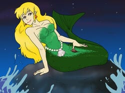 1girls belly_chain blonde_hair breasts cleavage dontfapgirl ear_piercing female female_only fin green_tail hair hourglass_figure jpg lips marina_(saban) mermaid mermaid_tail mythology piercing pussy saban's_adventures_of_the_little_mermaid seashell_earrings smile solo spread_pussy spreading tail_fin vagina voluptuous water