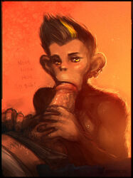 1boy 2015 anthro ape chimpanzee female fur hair human interspecies looking_at_viewer male mammal monkey neurodyne penis plain_background primate saliva sex sketch sweat yello