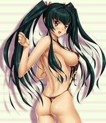 ass bikini black_hair blush breasts female from_behind gundam gundam_00 kink_(tortoiseshell) long_hair looking_back micro_bikini one-piece_thong open_mouth panties shiny sideboob sling_bikini solo string_bikini swimsuit thong underwear wang_liu_mei