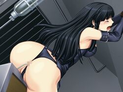 anal arms_up ass black_hair bondage bound_wrists carmine cell censored cg closed_eyes enema gloves leather long_hair noise_(eroge) open_mouth panties partially_visible_vulva prison rope tears underwear water wooden_horse