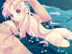 1boy 1girls after_sex afterglow ass blonde_hair brown_eyes clothes cum faceless faceless_male fifth_aile fuuko_(fifth_aile) game_cg hand_on_head long_hair nonohara_miki water wet