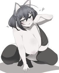 animal_ears braid breasts cat_ears commentary_request curvy female full_body greyscale haseru_(ginku_mh) heart huge_breasts looking_at_viewer medium_hair monochrome nipples one_breast_out open_mouth original side_braid sidelocks simple_background smile solo squatting thighhighs two_side_up white_background