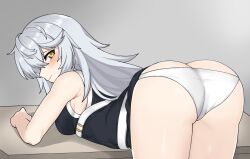 1girls ass blacha_(dkskek157) blush counter:side female from_behind gaeun golden_eyes looking_at_viewer looking_back panties smile table white_hair white_panties yellow_eyes