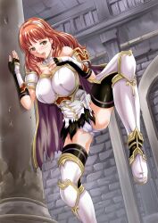 1girls bangs bare_shoulders bare_thighs boots breasts cape celica_(fire_emblem) cleavage covered_nipples earrings female female_only fingerless_gloves fire_emblem fire_emblem_echoes:_shadows_of_valentia from_below gloves hand_on_chest indoors large_breasts leg_up long_hair nao_takami nintendo open_mouth orange_eyes orange_hair panties shoulders solo spread_legs standing thighhighs thighs torn_clothes underwear white_panties worried