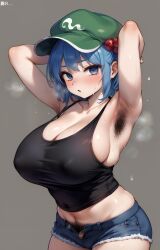 1girls ai_generated armpit_hair armpits arms_behind_head blue_eyes blue_hair breasts cap female female_armpit_hair female_pubic_hair hairy_armpits large_breasts nitori_kawashiro pubic_hair pubic_hair_peek sexy_armpits short_hair solo_female tank_top touhou twintails