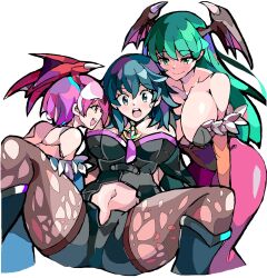 3girls bat_wings blue_hair boots byleth_(fire_emblem) byleth_(fire_emblem)_(female) cleavage clothing crossover darkstalkers enpe feet_out_of_frame female female_only fire_emblem fire_emblem:_three_houses green_hair head_wings large_breasts leggings leotard lilith_aensland long_hair morrigan_aensland navel nintendo open_clothes open_shorts short_hair shorts sisters succubi succubus sweatdrop teal_hair violet_hair yuri