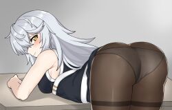 1girls ass blacha_(dkskek157) blush counter:side female female_only from_behind fully_clothed gaeun golden_eyes looking_at_viewer looking_back panties pantyhose smile stockings table white_hair yellow_eyes