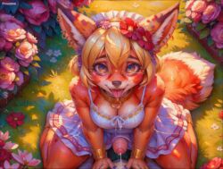 ahe_gao ai_generated artist_request blonde_hair breasts cleavage clothing collar cum dress female forest fox fox_ears fox_girl fox_tail furry furry_female futa_only futanari glasses intersex penis source_request tongue tongue_out