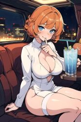 ai_generated blue_eyes clothed drunk ginger_hair limousine orange_hair wealthy_female white white_skin