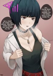 1girls 2d black_hair dialogue doctor drooling empty_eyes eroborne hypnosis labcoat large_breasts mind_control persona persona_5 solo speaking_to_viewer steamy_breath stripping tae_takemi undressing