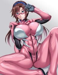 1girls big_breasts bodysuit breasts brown_hair brunette_hair curvy female glasses huge_breasts human interface_headset jet_puri large_breasts light-skinned_female light_skin long_hair mari_illustrious_makinami neon_genesis_evangelion pilot_suit plugsuit rebuild_of_evangelion skin_tight skin_tight_outfit skintight skintight_bodysuit skintight_clothing thick_thighs tight_bodysuit wide_hips