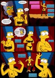 belly belly_button big_breasts blue_hair bottomwear bra breasts comic dancing earrings female gray_hair high_heels legwear lingerie madame_belle marge_simpson milf necklace nipples panties stage stripper text the_simpsons thick_thighs wvs yellow_body yellow_skin