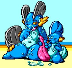 animal_genitalia animal_penis big_penis blue_body bodily_fluids cetacean_genitalia cetacean_penis cum cum_on_body cum_on_face cum_on_leg digital_media_(artwork) duo excessive_cum excessive_genital_fluids female feral flygon_(artist) generation_3_pokemon genital_fluids genitals huge_cock humanoid hyper hyper_genitalia hyper_penis licking_cum male male/female mudkip navel nintendo orange_sclera penis pixel_(artwork) pokemon pokemon_(species) somnamg swampert tapering_penis tongue