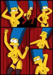 belly belly_button big_breasts blue_hair bottomwear breasts comic dancing earrings female legwear lingerie marge_simpson milf necklace nipples panties smug stage stripper the_simpsons thick_thighs wvs yellow_body yellow_skin