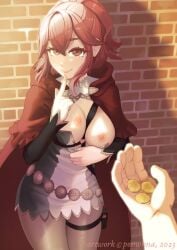 1girls anna_(fire_emblem) anna_(fire_emblem_fates) artist_name between_breasts black_dress black_pantyhose blush breasts breasts_out brick_wall cape coin dress english_commentary female female_focus finger_to_face fingernails fire_emblem fire_emblem_fates flashing hair_between_eyes highres holding holding_coin long_hair looking_at_viewer medium_breasts money nintendo nipples offering_money pantyhose paying pomonna ponytail pov prostitution public_nudity red_cape red_eyes red_hair smile solo_focus strap_between_breasts thigh_pouch thigh_strap two-tone_dress undressing white_dress