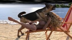 1animal 1girls 3d beach beach_chair blonde_hair canine canine_penis feral_on_female large_breasts long_hair missionary_position nude on_back sex spread_legs wavy_hair whitenightmare zoophilia