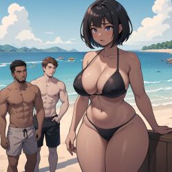 1girls 2boys abs ai_generated beach bikini black_bikini black_hair blue_eyes curvy_female dark-skinned_male female gardener_ai large_breasts male midriff muscular_male navel open_mouth original original_character seaside short_hair skimpy stable_diffusion standing string_bikini swimming_trunks thick_thighs thin_waist wide_hips