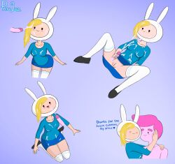 1boy 1girls adventure_time blonde_hair bunny_ears clothed_female_nude_male clothing cum cum_on_clothes cum_on_face cum_on_hair cum_on_tongue disembodied_penis ejaculation facial female female fionna_the_human_girl handjob hugging open_mouth penis pink_hair prince_gumball princeluca spread_legs white_legwear