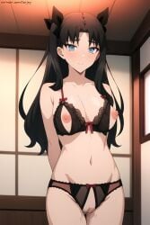 after_vaginal ai_generated blue_eyes blush crotchless_clothes crotchless_panties cum_in_pussy dark_hair fate/stay_night fate_(series) lenjoy long_hair nipples pussy standing tohsaka_rin watermark