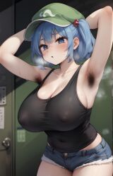 1girls ai_generated armpit_hair armpits arms_behind_head blue_eyes blue_hair breasts cap female female_armpit_hair hairy_armpits large_breasts nitori_kawashiro short_hair solo_female tank_top touhou twintails