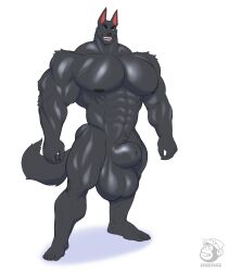 abs absurd_res animal_genitalia anthro balls big_balls big_biceps big_pecs big_sheath black_body black_fur blue_eyes buzzybub erection fully_sheathed fur genitals hi_res huge_balls huge_sheath knot male muscular muscular_male nude pecs plantigrade sheath smile solo teeth