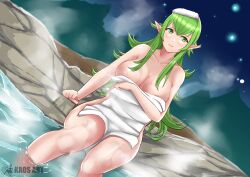 1girls alternate_hairstyle artist_name bare_legs breasts cleavage closed_mouth collarbone completely_nude covering dutch_angle female female_only fire_emblem fire_emblem_awakening full_moon green_eyes green_hair hair_down highres kaos_art large_breasts long_hair looking_at_viewer moon naked_towel night night_sky nintendo nude onsen outdoors pointy_ears ponytail rock sitting sky smile soaking_feet solo star_(sky) starry_sky steam thick_thighs tiara tiki_(adult)_(fire_emblem) tiki_(fire_emblem) towel water wet