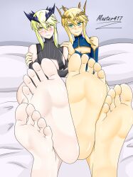 2girls artoria_pendragon artoria_pendragon_(lancer) artoria_pendragon_(lancer_alter) crown fate/grand_order fate_(series) feet foot_fetish foot_focus legs_crossed master417 multiple_girls soles