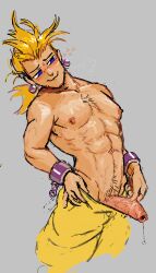1boy abs bara barazoku beard_stubble biting_lip blonde_hair blue_eyes blush chest_hair cuffs earrings final_fantasy final_fantasy_vi foreskin foreskin_folds grey_background human intact light-skinned_male light_skin long_foreskin long_hair_male male male_nipples male_only male_pubic_hair muscles muscular_male pants_down partially_clothed pecs penis penis_out ponytail precum precum_drip sabin_rene_figaro semi-erect shirtless solo spiky_hair square_enix topless uncut unretracted_foreskin veiny_penis worm_(artist)