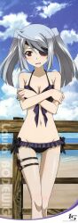 beach bikini breasts crossed_arms embarrassed eye_patch fence gray_hair hashimoto_takayoshi infinite_stratos laura_bodewig purple_bikini red_eyes tagme twintails