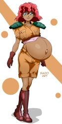 boots dark-skinned_female dark_skin disproportional f-zero female gloves green_eyes hyper_belly lipstick looking_at_viewer lucy_liberty nintendo orange_shorts outie_navel pink_hair pregnant ready_to_pop red_hair sado_art short_red_hair smile solo_female tagme undershirt