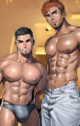 2boys ai_generated bara black_hair black_hair_bottom black_skin briefs brown_eyes bulge domination gay ginger_hair light_hair_on_dark_hair male_focus male_only muscular muscular_male nexusgarden pants red_hair red_hair_on_black_hair red_hair_top yaoi