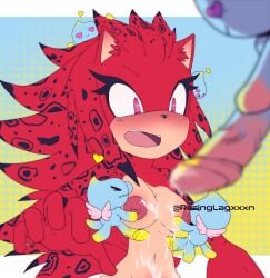 <3_eyes anthro bodily_fluids breast_nuzzle breasts chao_(sonic) cum cum_on_breasts disproportionate_genitals embarrassed fan_character female genital_fluids genitals group heart hi_res male male/female nuzzling penis purple_eyes red_body sega size_difference smaller_male sonic_(series) sonic_the_hedgehog_(series) speendlexmk2