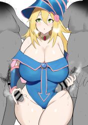 bare_thighs big_breasts curvy dark_magician_girl double_handjob handjob large_breasts leotard no_skirt thick_thighs uniunipiano voluptuous wide_hips yu-gi-oh!