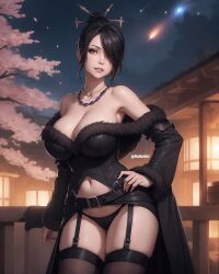 ai_generated asian_architecture belly_button big_breasts black_hair breasts buckle cherry_blossoms cleavage dark_hair eyebrows female female_focus final_fantasy final_fantasy_x fur fur_cuffs fur_trim goth hair_bun hair_over_one_eye leather light-skinned_female light_skin lips lulu_(final_fantasy) neck necklace open_clothes pink_trees revealing_clothes safe safe_for_work tagme teeth thick_thighs