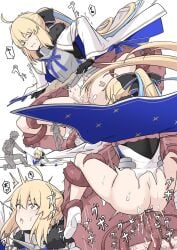 1boy 1girls :o ? ahoge anal ass bar_censor black_background black_bow black_gloves black_pantyhose blonde_hair blue_eyes blue_ribbon bow breasts cape censored closed_eyes clothing cum cum_in_ass cum_in_pussy cum_inside fate/grand_order fate_(series) female frills from_behind fujimaru_ritsuka_(male) gloves gradient_background hair_between_eyes hairbow high_heels large_breasts long_hair long_sleeves morgan_le_fay_(fate) multiple_views nipples open_mouth pantyhose penetration pussy red_tentacles restrained ribbon sex shiseki_hirame shoes spread_legs tentacle tentacle_on_female tentacle_pit tentacle_sex tonelico_(fate) vaginal_penetration white_background white_cape white_footwear wide_eyed