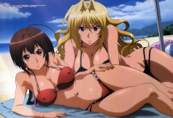 2girls alternate_version_available arms beach bikini blonde_hair blue_eyes brown_hair character_request cleavage copyright_request female_only hashimoto_takayoshi head legs long_hair multiple_girls nude_version_available tagme