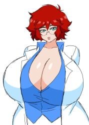 big_breasts blue_eyes blue_shirt cleavage curvy curvy_female curvy_figure cyan_eyes doctor gigantic_breasts glasses huge_breasts labcoat looking_at_viewer maxine_(balak) momiji_(artist) red_hair solo_female