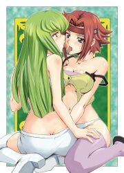 2girls big_breasts blue_eyes blush c.c. code_geass female female/female female_only green_hair kallen_stadtfeld kneeling long_hair medium_hair multiple_girls mutsuki_ginji open_mouth panties red_hair thighhighs tongue yellow_eyes yuri