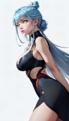 ai_generated aqua_hair arena_of_valor big_breasts eyes female female_only golden_eyes hair hands_behind_back large_breasts pose short_hair solo white_background yellow_eyes yue_(aov)