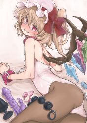 1girls anal_beads black_pantyhose blonde_hair blush bondage buttplug chains chikado collar crying crying_with_eyes_open crystal dildo fangs female flandre_scarlet hair_between_eyes hand_cuffs hat highres leotard light_bondage long_hair mob_cap one_side_up open_mouth pantyhose red_eyes sex_toy solo strapless strapless_leotard tears touhou vibrator white_headwear white_leotard wings