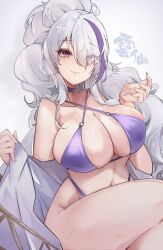 1girls azur_lane belly_button bikini breasts cleavage eye_visible_through_hair female female_only hair_over_one_eye huge_breasts kive_(kive03) light-skinned_female light_skin looking_at_viewer pink_eyes purple_hair sakura_empire_(azur_lane) smile solo swimsuit two_tone_hair unzen_(azur_lane) unzen_(sojourn_through_clear_seas)_(azur_lane) white_hair