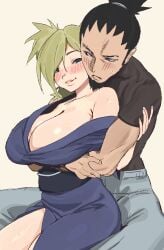 1boy 1girls aroused beard before_sex between_legs big_breasts black_hair blonde_hair blush blush_lines boruto:_naruto_next_generations breast_focus breasts breasts_bigger_than_head busty canon_couple cleavage clothing couple cuddling embarrassed facial_hair female goatee grabbing grabbing_from_behind hug hugging hugging_from_behind husband_and_wife kimono male male/female married_couple milf nara_shikamaru naruto naruto_(series) naruto_shippuden naughty naughty_face naughty_smile nervous nervous_face nervous_sweat no_bra off_shoulder pants quad_tails sagging_breasts shirt sitting sitting_on_lap sweat sweatdrop temari voluptuous whoopsatro yukata