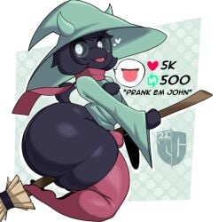 1boy big_ears black_fur black_sclera chest_tuft deltarune femboy glasses goat goat_boy goat_horns green_clothing green_hat huge_ass huge_thighs igxxiii male male_only pinup prank_em_john ralsei ralsei_(deltarune) red_stockings round_ass round_butt round_glasses scarf solo stockings tagme tongue tongue_out white_pupils witch_broom witch_hat