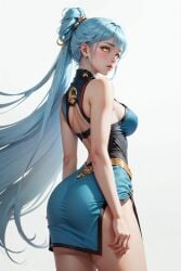 ai_generated aqua_hair arena_of_valor big_ass big_breasts eyes female female_only golden_eyes hair large_breasts pose short_hair solo white_background yellow_eyes yue_(aov)