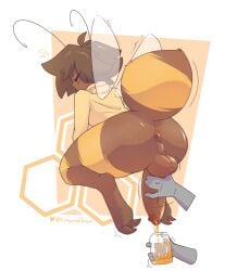 2d absurd_res antennae_(anatomy) anthro anthro_only anus arthropod arthropod_abdomen ass backsack balls bee bent_over big_ass big_butt big_penis blush bodily_fluids bottomless brown_body brown_hair clothed clothing cock-tail cum cum_collecting cum_in_container cumshot cute_male disembodied_hand erect_penis erection feet fembee femboy freckles freckles_on_ass freckles_on_face furry genital_fluids genitals girly glans glass_container handjob hi_res honey honey_cum humanoid_genitalia humanoid_penis hung_trap jar male male_only mazus_(tinysmallman) milking_handjob motion_lines on_knees orgasm penis penis_milking perineum rear_view simple_background solo striped_body sweatdrop tail thick_thighs tinysmallman topwear unusual_cum watermark wide_hips wings yellow_background yellow_body yellow_topwear