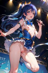 ai_generated blue_hair blush breasts breasts_out embarrassed embarrassed_nude_female exhibitionism long_hair love_live! love_live!_school_idol_project nipples on_stage open_mouth public_nudity pussy revealing_clothes shaved_pussy singing skirt small_breasts solo solo_female sonoda_umi stable_diffusion standing