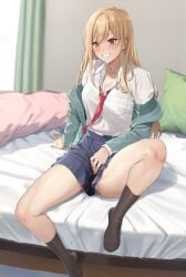 absurdres blonde_hair blush breasts cleavage collarbone feet female female_masturbation fingering grin highres knee_up large_breasts legs long_hair long_sleeves masturbation no_shoes original prime pussy_juice_stain red_eyes sitting skirt smile solo spread_legs toes